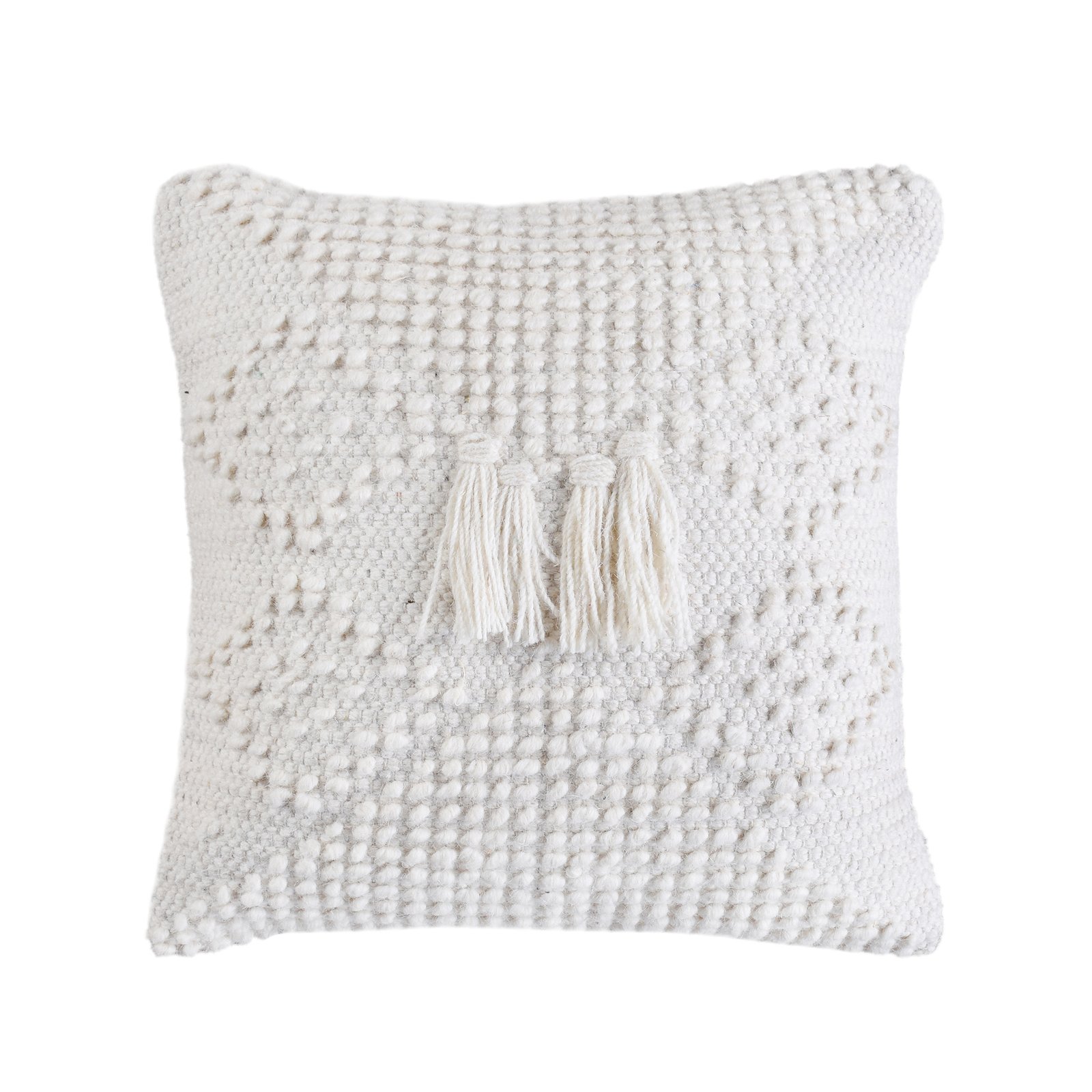 Cuscino decorativo in lana avorio con nappine stile boho 45x45x8 cm - YORENOR