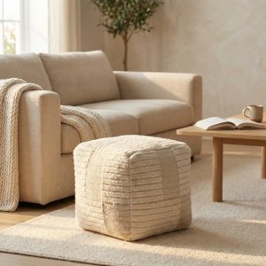 Pouf cubico in lana avorio con decoro 40x40x40 cm - GALARRIC