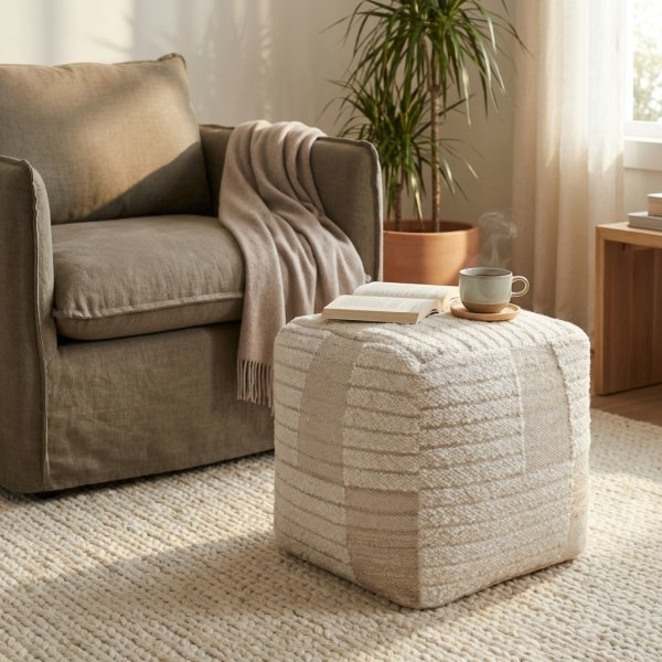 Pouf cubico in lana avorio con decoro 40x40x40 cm - GALARRIC