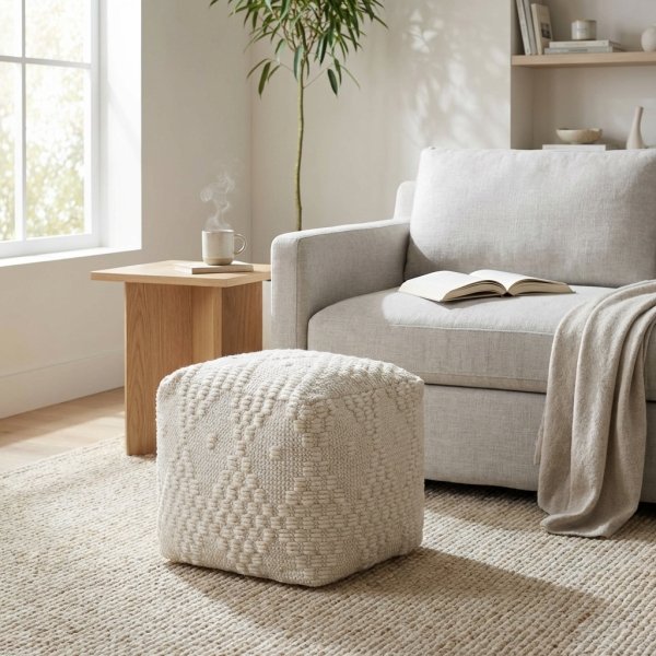 Pouf cubo in lana avorio con decoro a intreccio 40x40x40 cm - CORARON