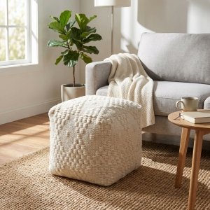 Pouf cubo in lana avorio con decoro a intreccio 40x40x40 cm - CORARON