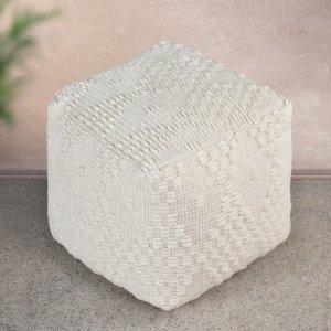 Pouf cubo in lana avorio con decoro a intreccio 40x40x40 cm - CORARON
