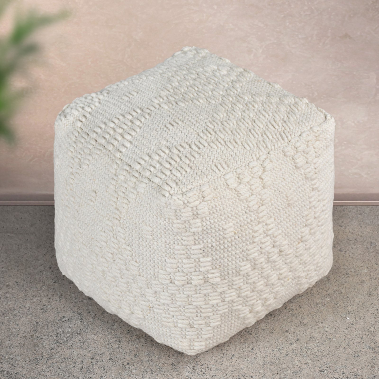 Pouf cubo in lana avorio con decoro a intreccio 40x40x40 cm - CORARON