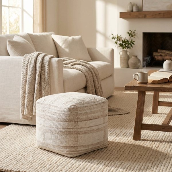 Pouf quadrato in lana tessuta avorio con decoro 40x40x40 cm - ALUNMOND