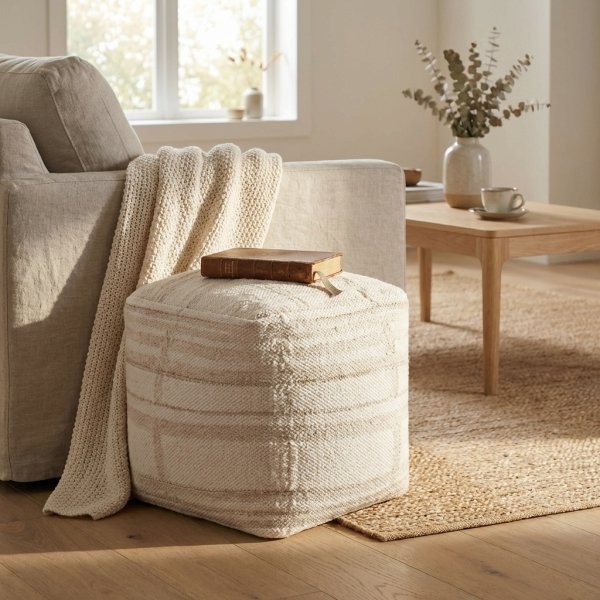Pouf quadrato in lana tessuta avorio con decoro 40x40x40 cm - ALUNMOND