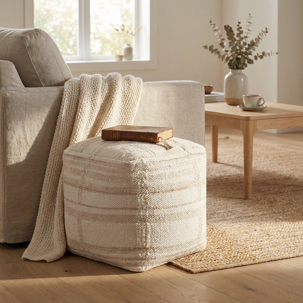 Pouf quadrato in lana tessuta avorio con decoro 40x40x40 cm - ALUNMOND Pouf quadrato in lana tessuta avorio con decoro 40x40x40 cm - ALUNMOND
