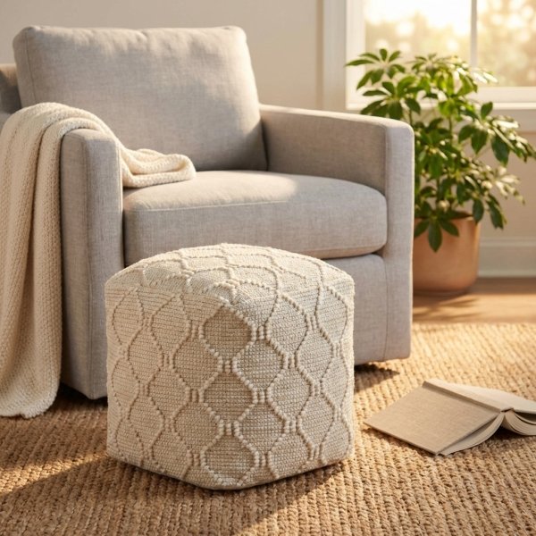 Pouf cubo in lana avorio con motivo geometrico 40x40x40 cm - BELIRMAR