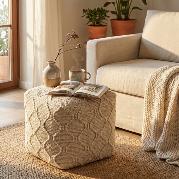 Pouf cubo in lana avorio con motivo geometrico 40x40x40 cm - BELIRMAR