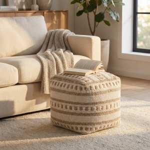 Pouf cubo in lana avorio con decoro etnico 40x40x40 cm - ULELLUNA