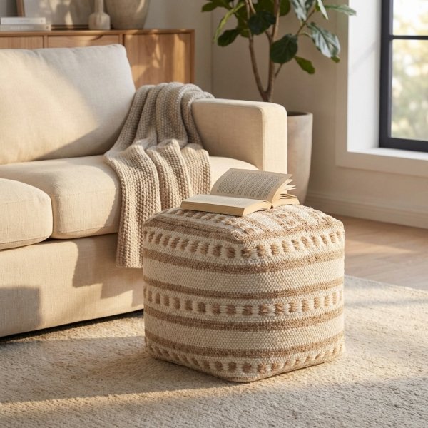 Pouf cubo in lana avorio con decoro etnico 40x40x40 cm - ULELLUNA