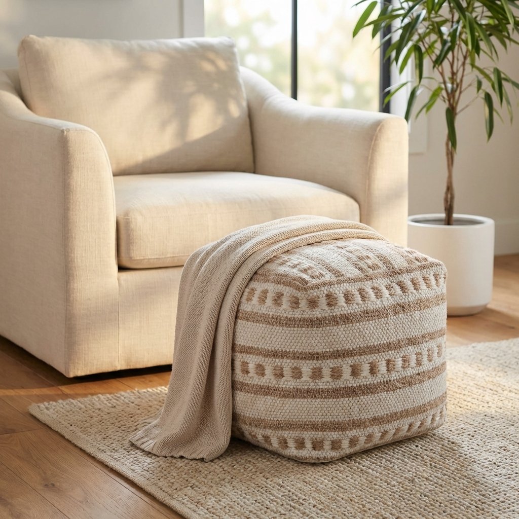 Pouf cubo in lana avorio con decoro etnico 40x40x40 cm - ULELLUNA