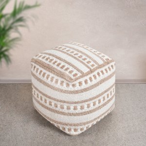 Pouf cubo in lana avorio con decoro etnico 40x40x40 cm - ULELLUNA