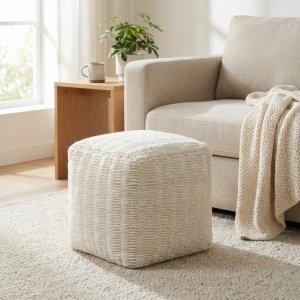 Pouf cubo in lana intrecciata avorio con decoro 40x40x40 cm - MARORLUNA Pouf cubo in lana intrecciata avorio con decoro 40x40x40 cm - MARORLUNA