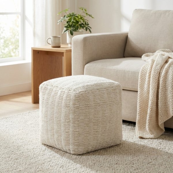 Pouf cubo in lana intrecciata avorio con decoro 40x40x40 cm - MARORLUNA
