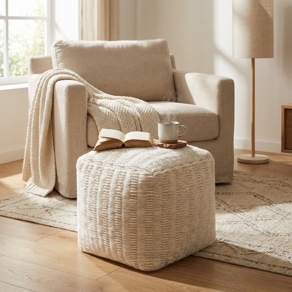 Pouf cubo in lana intrecciata avorio con decoro 40x40x40 cm - MARORLUNA