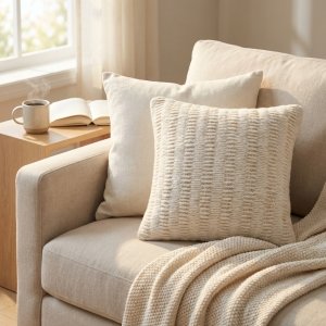 Cuscino decorativo in lana avorio con decoro a rilievo 45x45x8 cm - MARORLUNA