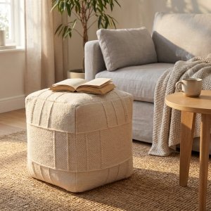 Pouf cubo in lana avorio con decoro 40x40x40 cm - YORILDIL