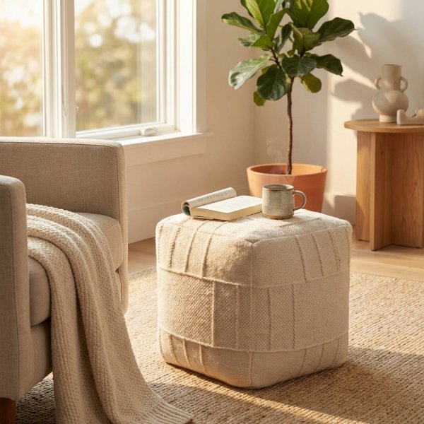 Pouf cubo in lana avorio con decoro 40x40x40 cm - YORILDIL