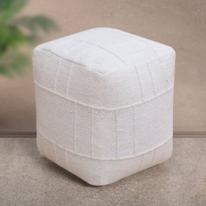 Pouf cubo in lana avorio con decoro 40x40x40 cm - YORILDIL