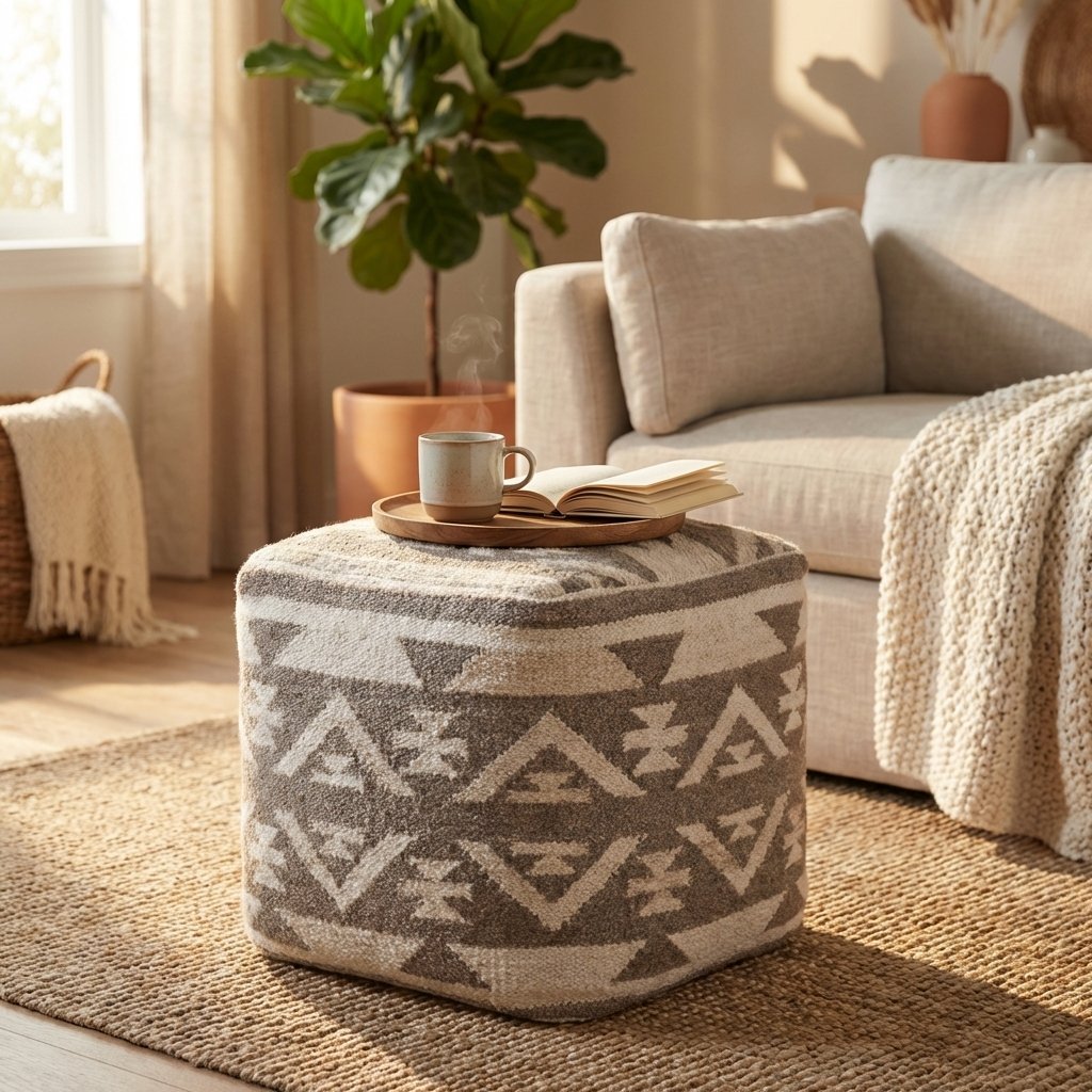 Pouf cubo in lana avorio con fantasia geometrica etnica 40x40x40 cm - ORORRIC Pouf cubo in lana avorio con fantasia geometrica etnica 40x40x40 cm - ORORRIC