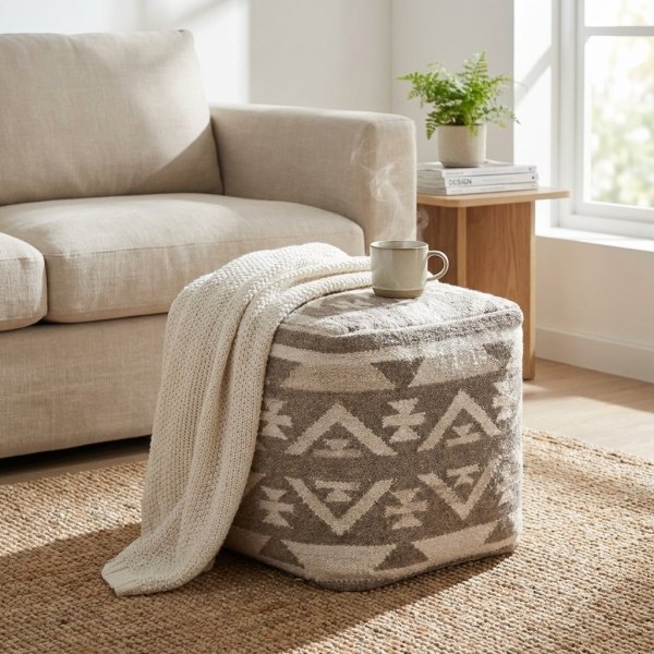 Pouf cubo in lana avorio con fantasia geometrica etnica 40x40x40 cm - ORORRIC