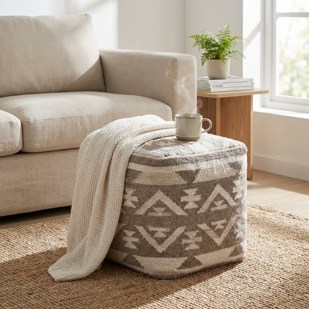 Pouf cubo in lana avorio con fantasia geometrica etnica 40x40x40 cm - ORORRIC Pouf cubo in lana avorio con fantasia geometrica etnica 40x40x40 cm - ORORRIC