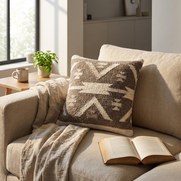Cuscino decorativo in lana avorio con motivi geometrici etnici 45x45x8 cm - ORORRIC