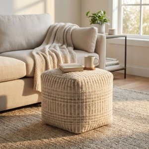 Pouf cubo in lana avorio con decoro 40x40x40 cm - TORORRIC