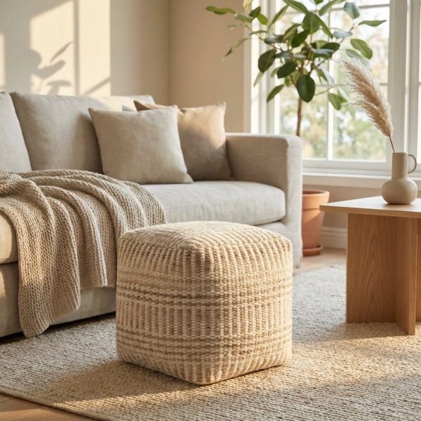 Pouf cubo in lana avorio con decoro 40x40x40 cm - TORORRIC