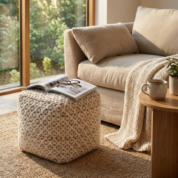 Pouf quadrato in lana intrecciata avorio con decoro 40x40x40 cm - NORENLEN