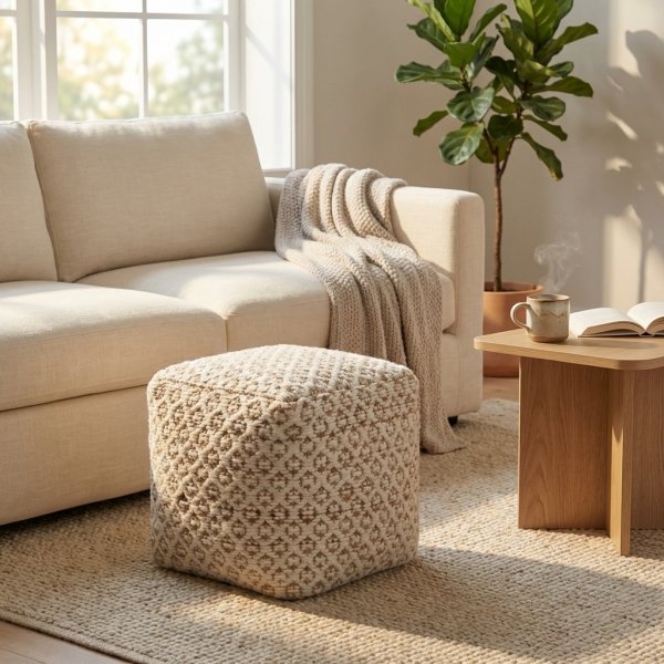 Pouf quadrato in lana intrecciata avorio con decoro 40x40x40 cm - NORENLEN