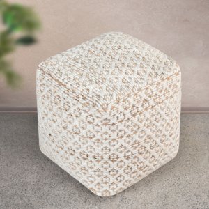 Pouf quadrato in lana intrecciata avorio con decoro 40x40x40 cm - NORENLEN Pouf quadrato in lana intrecciata avorio con decoro 40x40x40 cm - NORENLEN