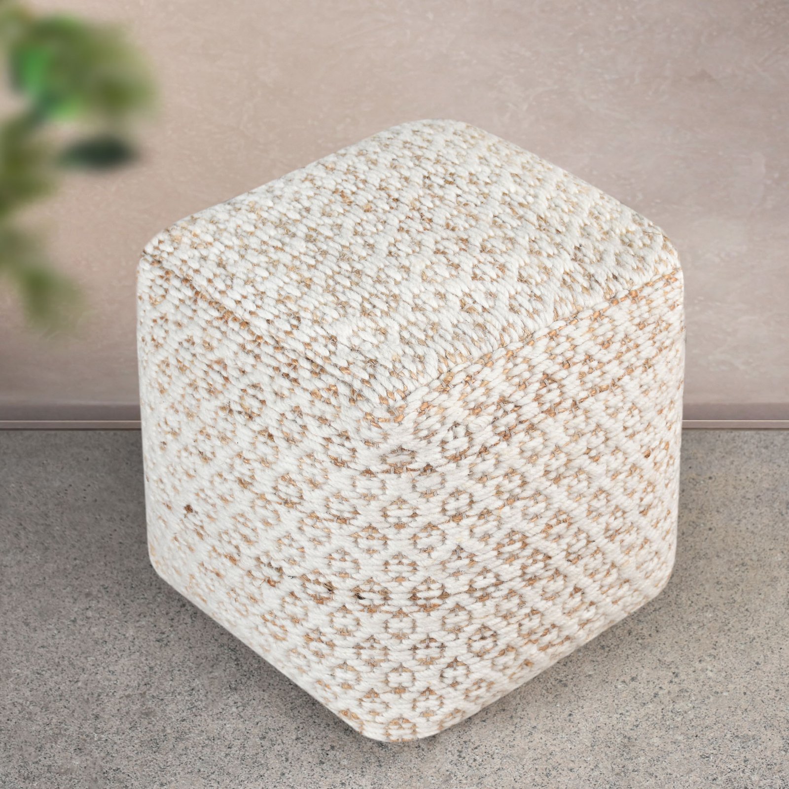 Pouf quadrato in lana intrecciata avorio con decoro 40x40x40 cm - NORENLEN Pouf quadrato in lana intrecciata avorio con decoro 40x40x40 cm - NORENLEN
