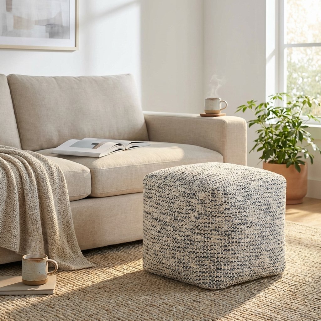 Pouf quadrato in lana avorio con decoro 40x40x40 cm - HELOLZIO Pouf quadrato in lana avorio con decoro 40x40x40 cm - HELOLZIO