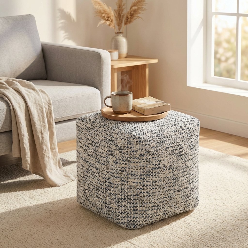 Pouf quadrato in lana avorio con decoro 40x40x40 cm - HELOLZIO Pouf quadrato in lana avorio con decoro 40x40x40 cm - HELOLZIO