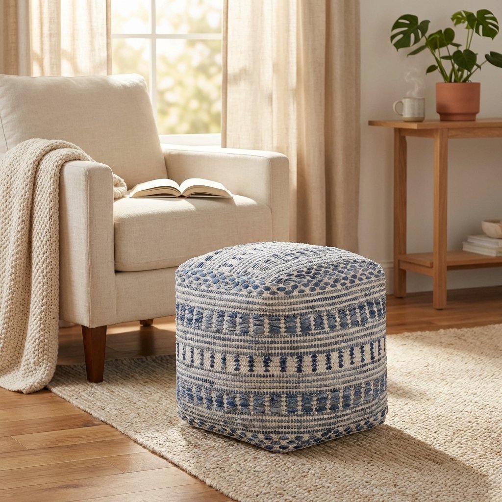 Pouf cubo in lana avorio con motivi etnici 40x40x40 cm - PERULDOR Pouf cubo in lana avorio con motivi etnici 40x40x40 cm - PERULDOR