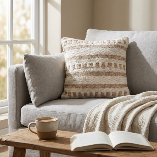 Cuscino decorativo in lana avorio a righe 45 x 45 x 8 cm - PERULDOR
