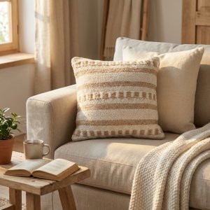 Cuscino decorativo in lana avorio a righe 45 x 45 x 8 cm - PERULDOR