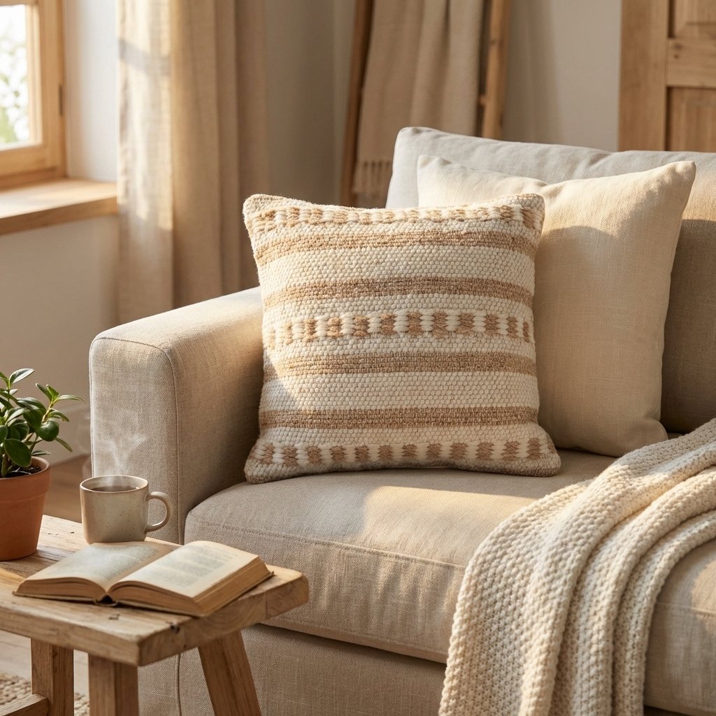 Cuscino decorativo in lana avorio a righe 45 x 45 x 8 cm - PERULDOR