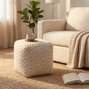 Pouf cubo in lana avorio con decoro geometrico 40x40x40 cm - KALUNVEN Pouf cubo in lana avorio con decoro geometrico 40x40x40 cm - KALUNVEN