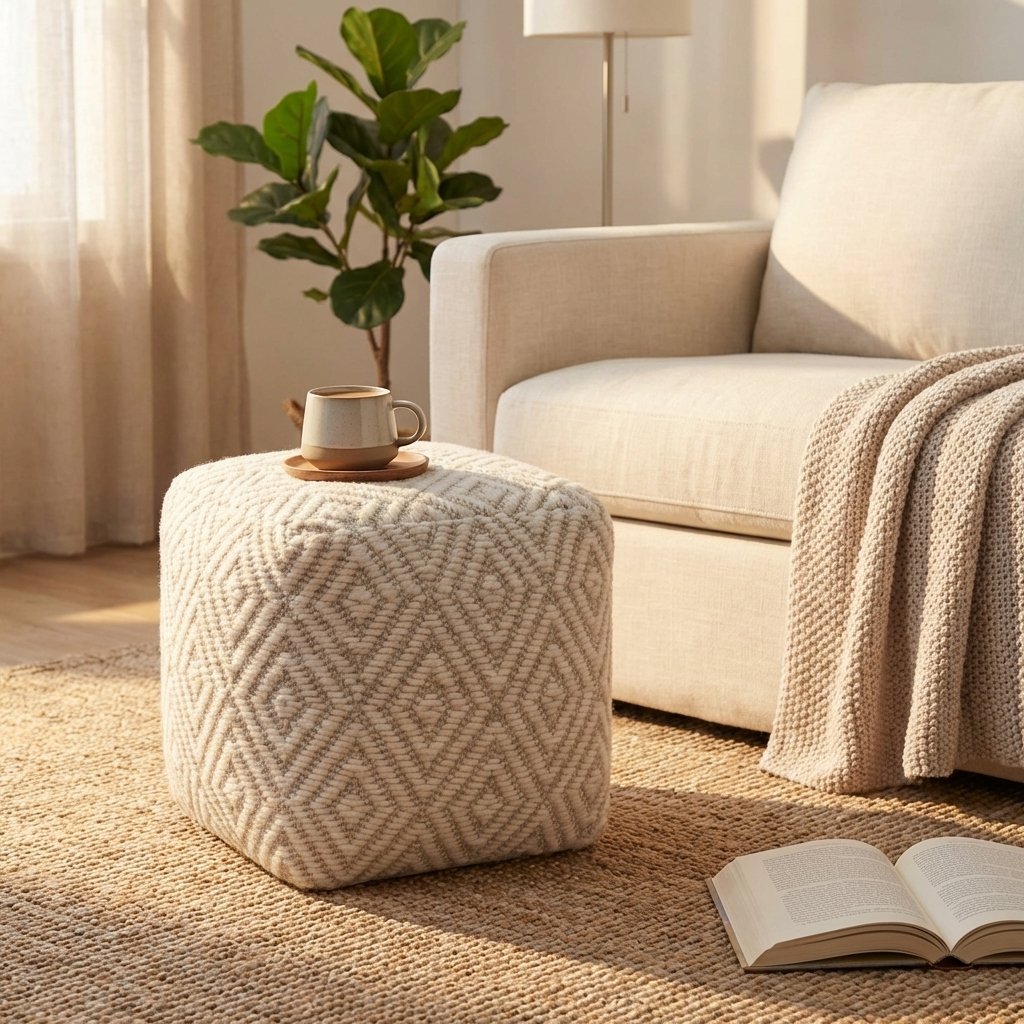 Pouf cubo in lana avorio con decoro geometrico 40x40x40 cm - KALUNVEN Pouf cubo in lana avorio con decoro geometrico 40x40x40 cm - KALUNVEN