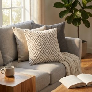 Cuscino decorativo in lana avorio con motivo geometrico 45x45x8 cm - KALUNVEN Cuscino decorativo in lana avorio con motivo geometrico 45x45x8 cm - KALUNVEN