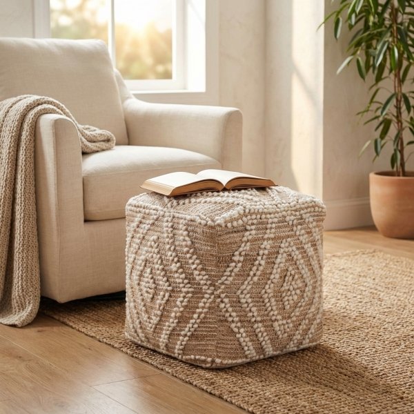 Pouf cubo in lana avorio con decoro geometrico boho 40x40x40 cm - FALALEN