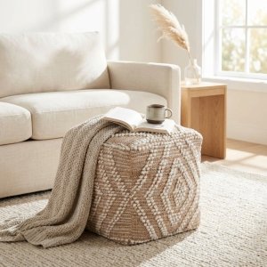 Pouf cubo in lana avorio con decoro geometrico boho 40x40x40 cm - FALALEN Pouf cubo in lana avorio con decoro geometrico boho 40x40x40 cm - FALALEN