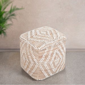 Pouf cubo in lana avorio con decoro geometrico boho 40x40x40 cm - FALALEN Pouf cubo in lana avorio con decoro geometrico boho 40x40x40 cm - FALALEN