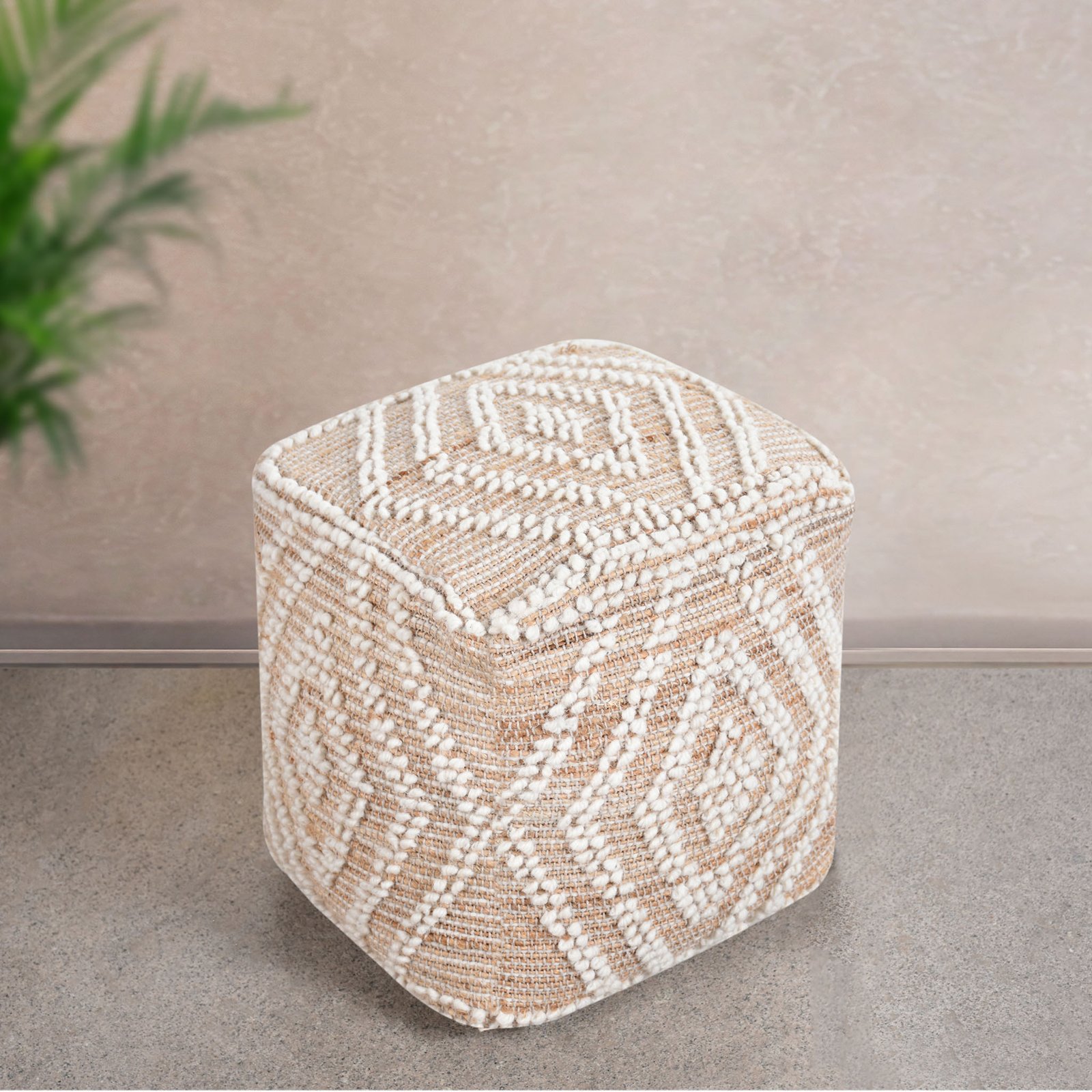Pouf cubo in lana avorio con decoro geometrico boho 40x40x40 cm - FALALEN Pouf cubo in lana avorio con decoro geometrico boho 40x40x40 cm - FALALEN