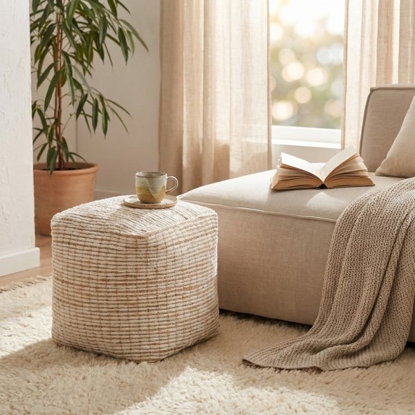 Pouf cubo in lana avorio con decoro 40x40x40 cm - GALIRRON