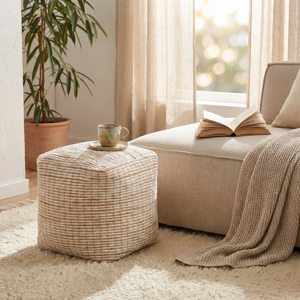 Pouf cubo in lana avorio con decoro 40x40x40 cm - GALIRRON