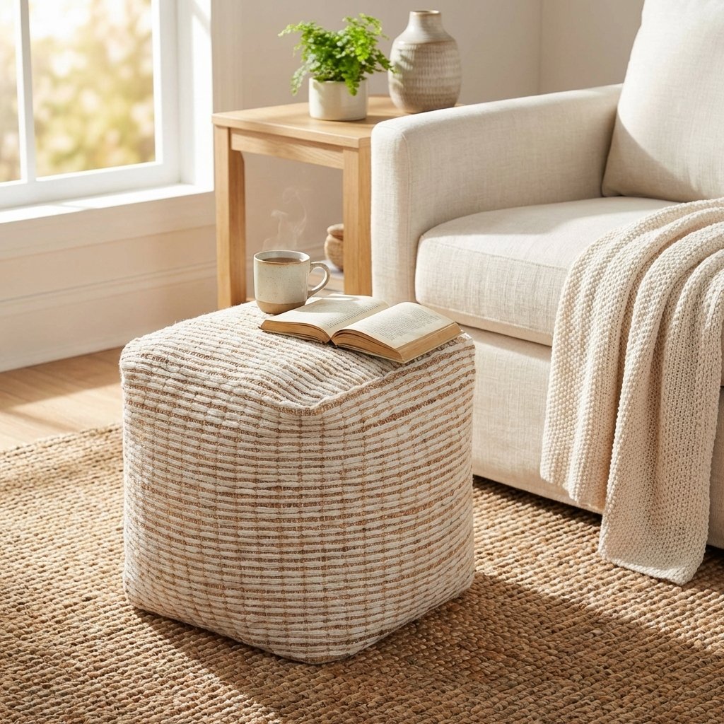 Pouf cubo in lana avorio con decoro 40x40x40 cm - GALIRRON