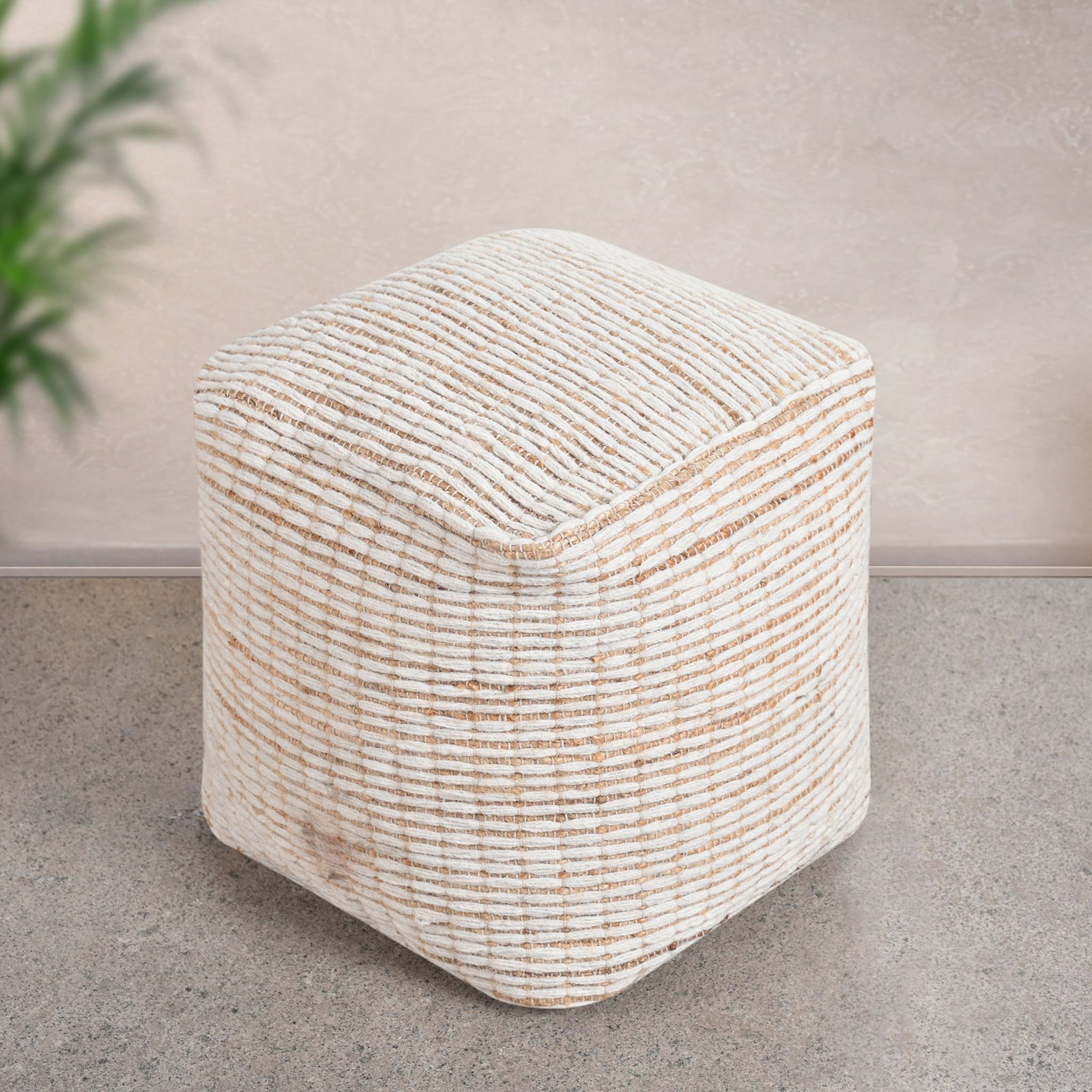 Pouf cubo in lana avorio con decoro 40x40x40 cm - GALIRRON